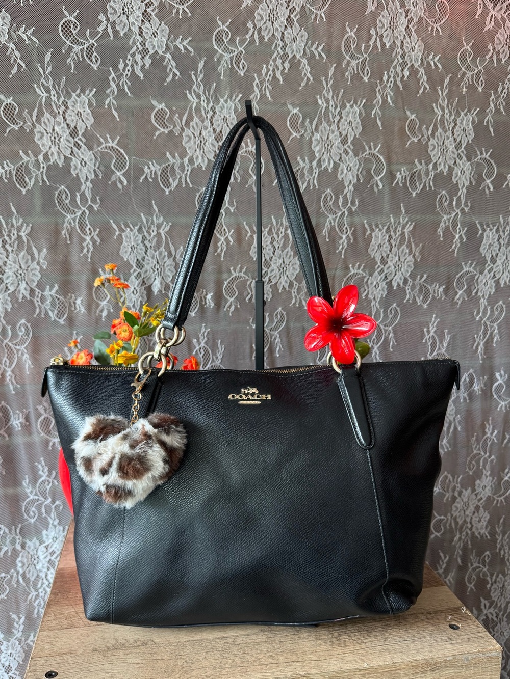 Coach Black Pebbled Leather Tote with Fur Pom Leopard Accent